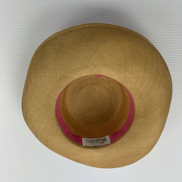Vintage Frank Olive Straw Wide Brim Hat Floral Brooch Tan main image 4